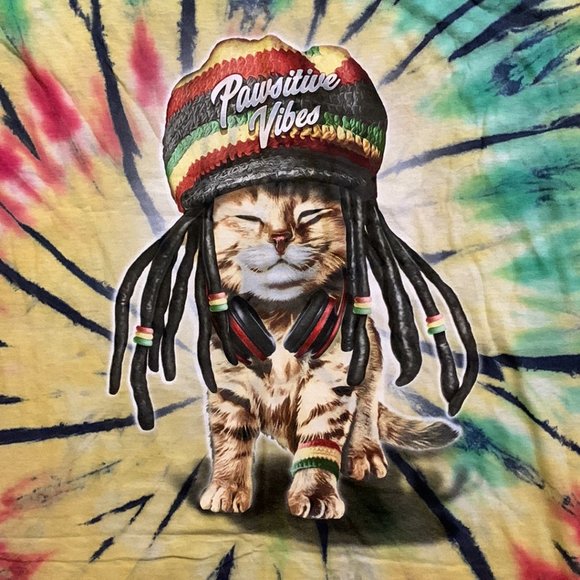 DOM Mens Tie Dye Pawsitive Vibes Reggae Cat Graphic T-Shirt Size XL - Picture 2 of 6